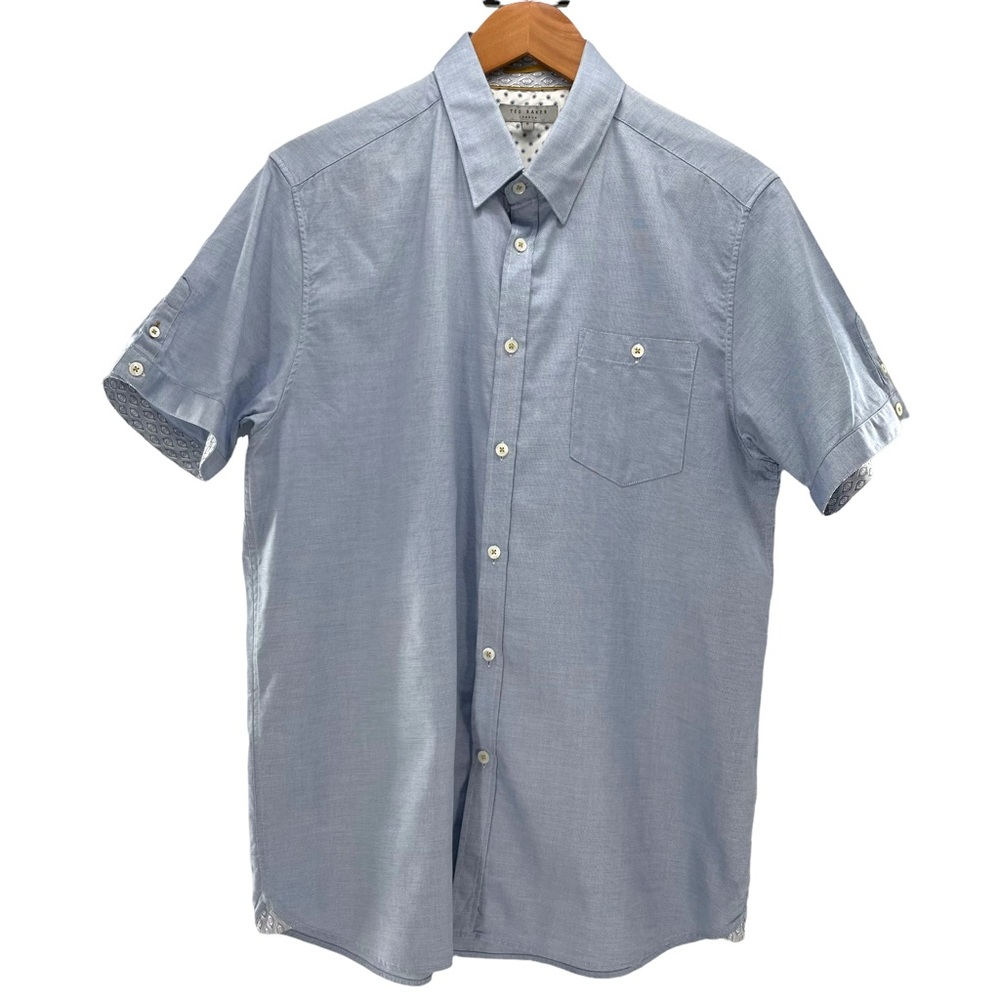 Ted Baker London Size 5 Short Sleeve Button Down Shirt DBL Button Sleeve Accent
